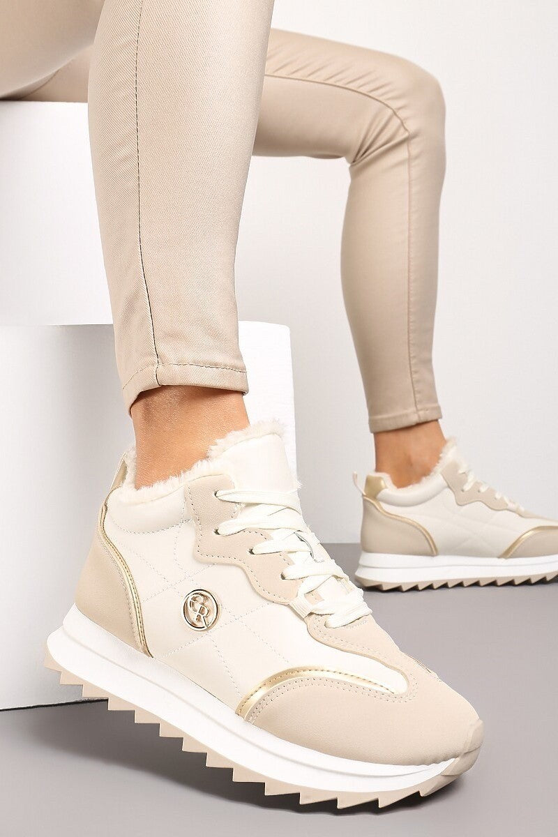 Beige sneakers with decorative details, featuring a round toe, laces, and warm faux fur lining, perfect for stylish comfort.