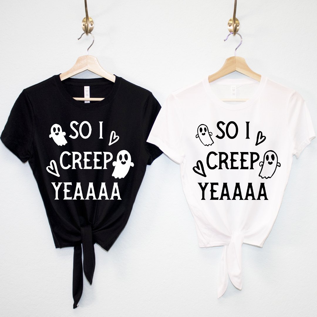 A stylish black and white crop top shirt with the text 'SO I CREEP YEAAA' designed for women's Halloween celebrations.