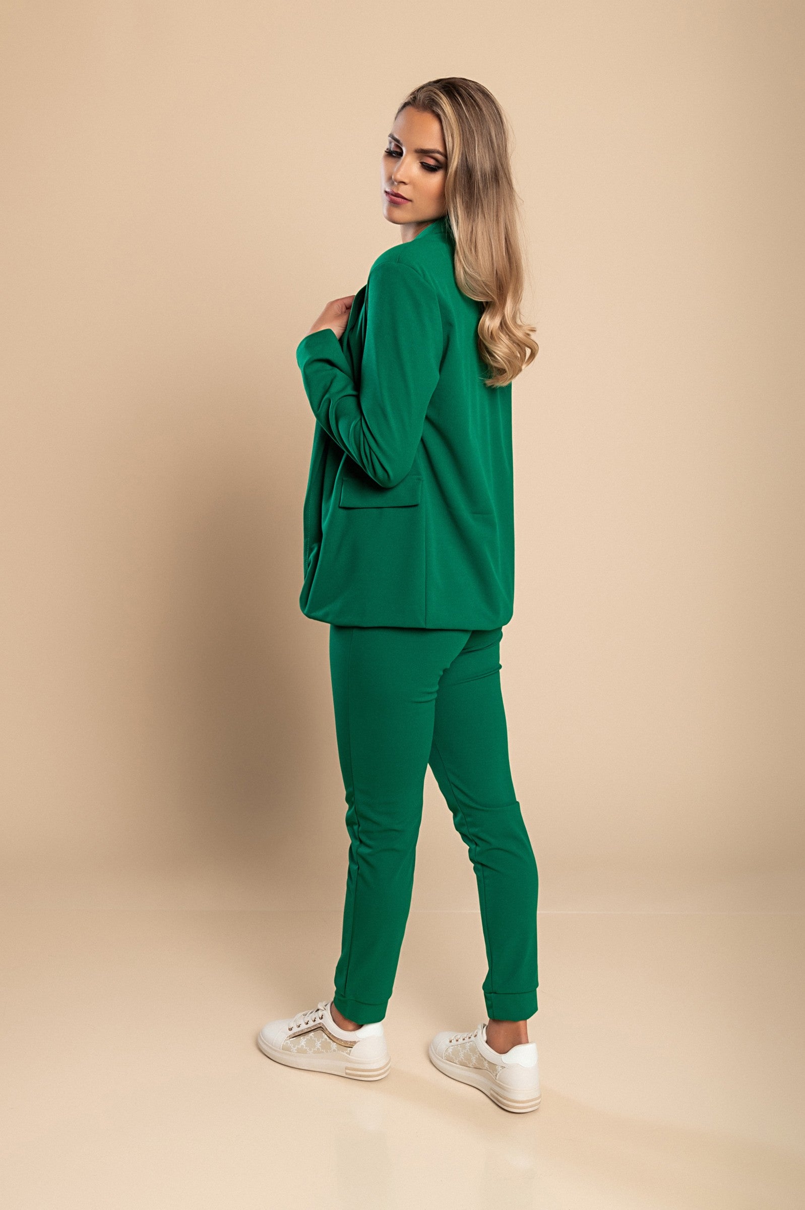 Light green elegant blazer and trousers set Estrena, featuring long sleeves, classic collar, and slim fit trousers with drawstring waist.