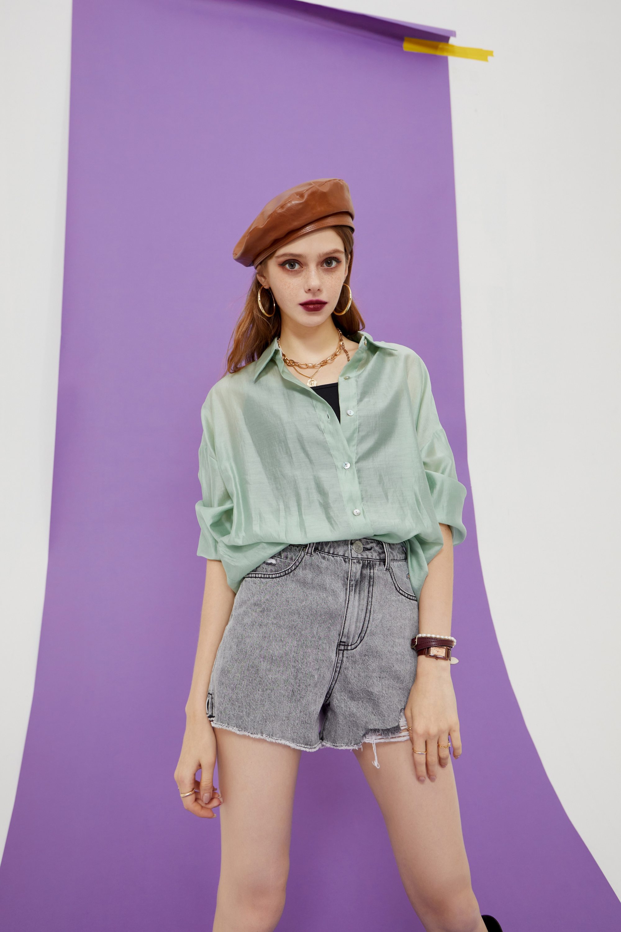 A stylish Solid Pure Chic Single Breasted Casual Minimalist Shirt for women, featuring a turn-down collar and full-length sleeves, perfect for summer wear.