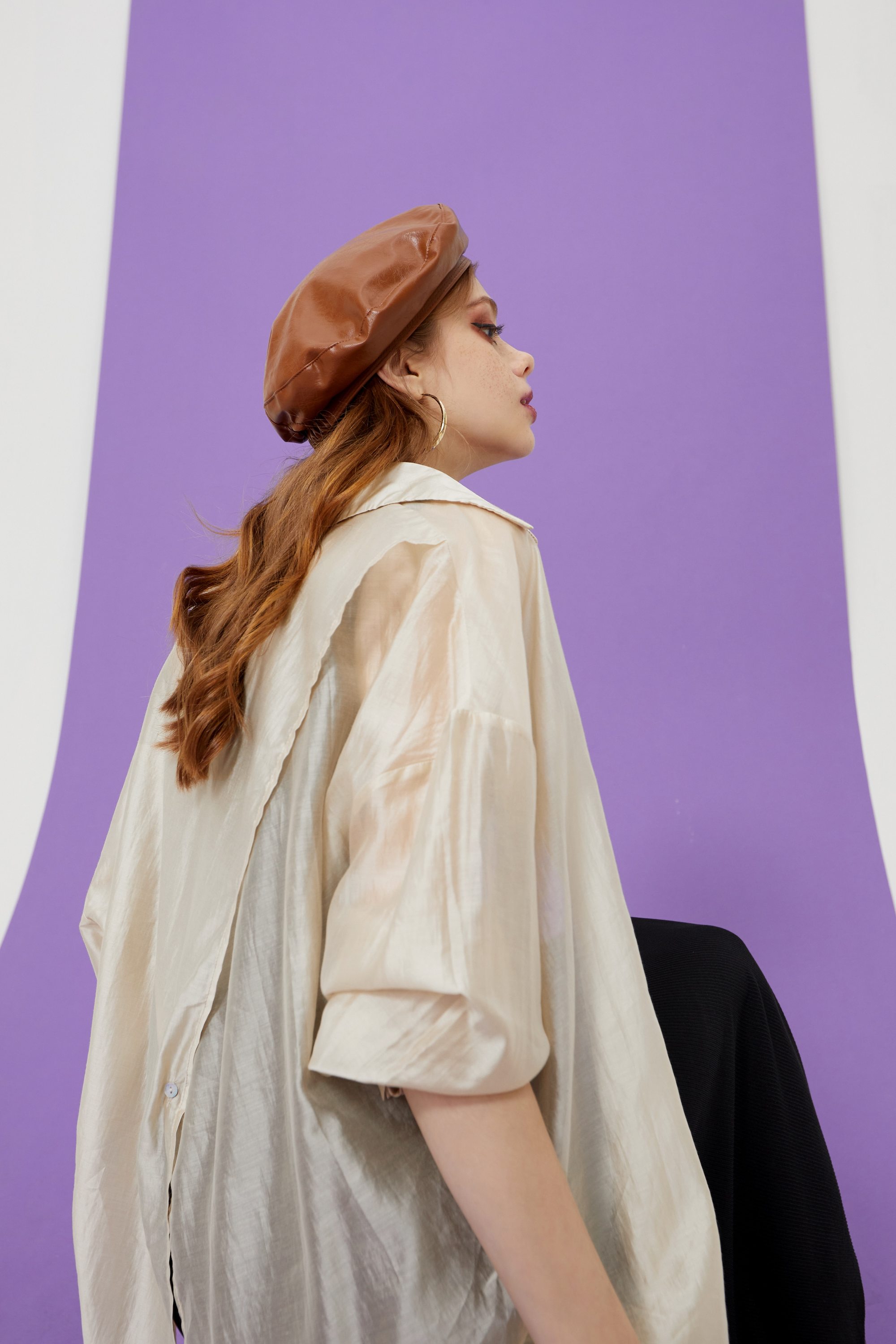 A stylish Solid Pure Chic Single Breasted Casual Minimalist Shirt for women, featuring a turn-down collar and full-length sleeves, perfect for summer wear.