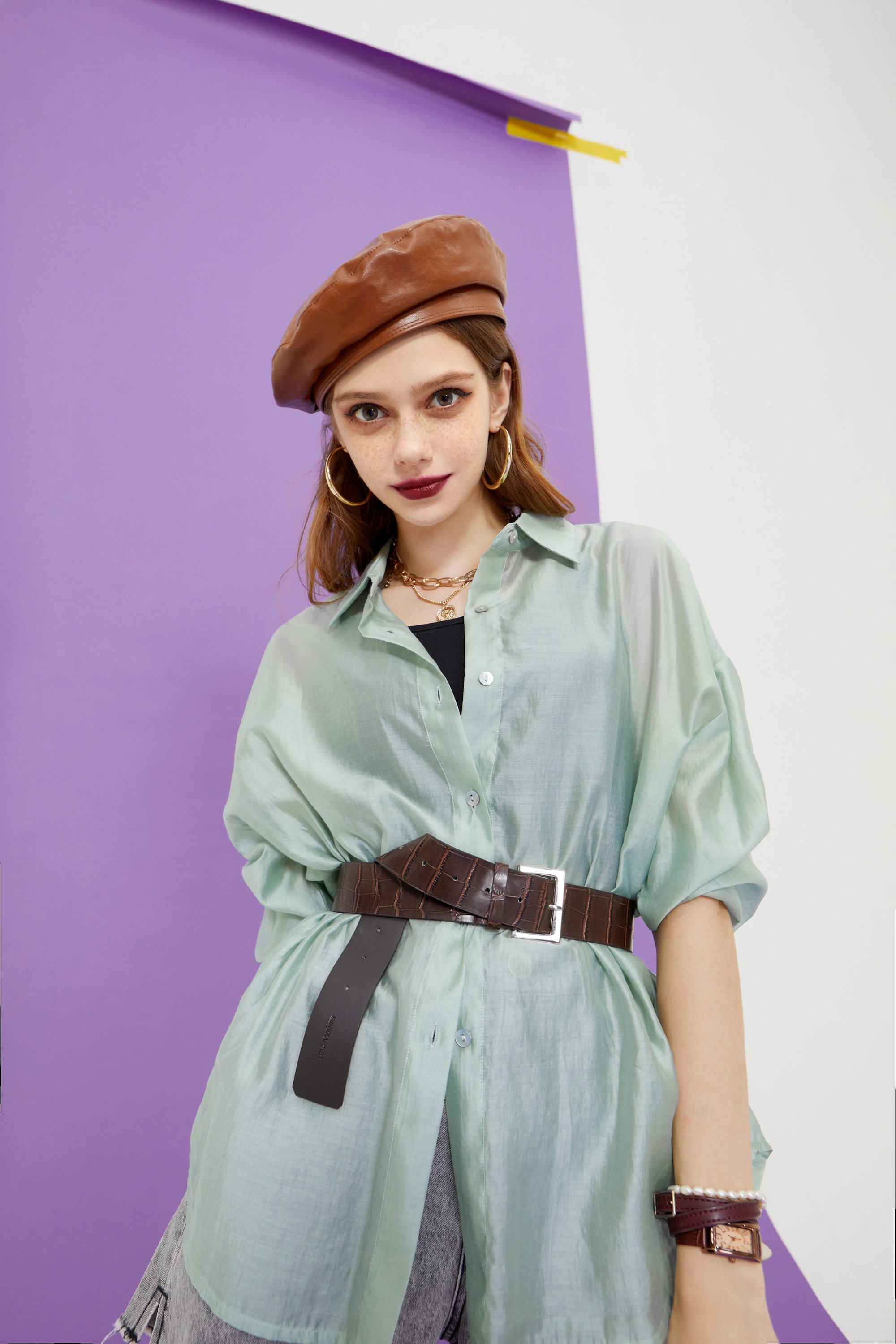 A stylish Solid Pure Chic Single Breasted Casual Minimalist Shirt for women, featuring a turn-down collar and full-length sleeves, perfect for summer wear.