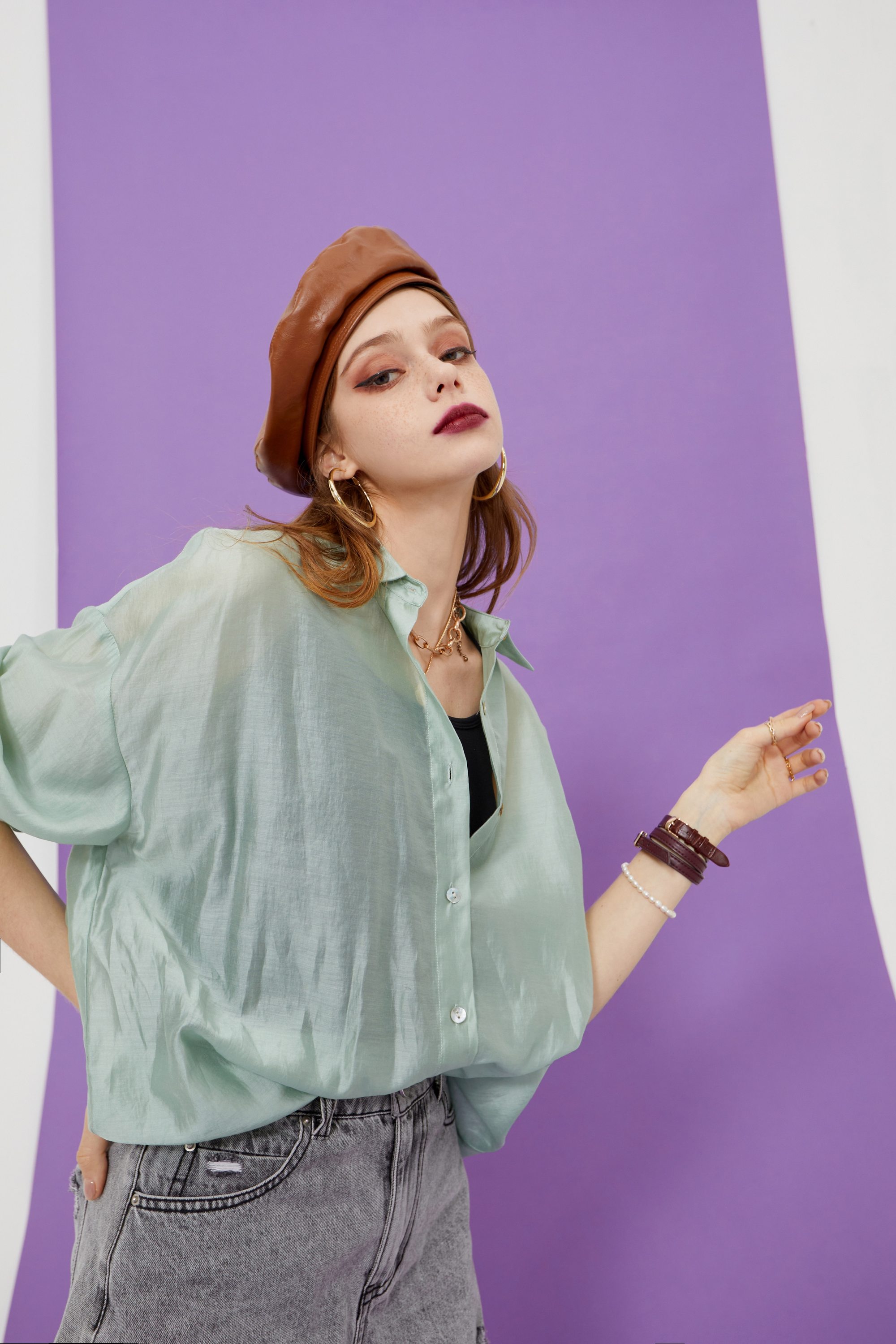 A stylish Solid Pure Chic Single Breasted Casual Minimalist Shirt for women, featuring a turn-down collar and full-length sleeves, perfect for summer wear.