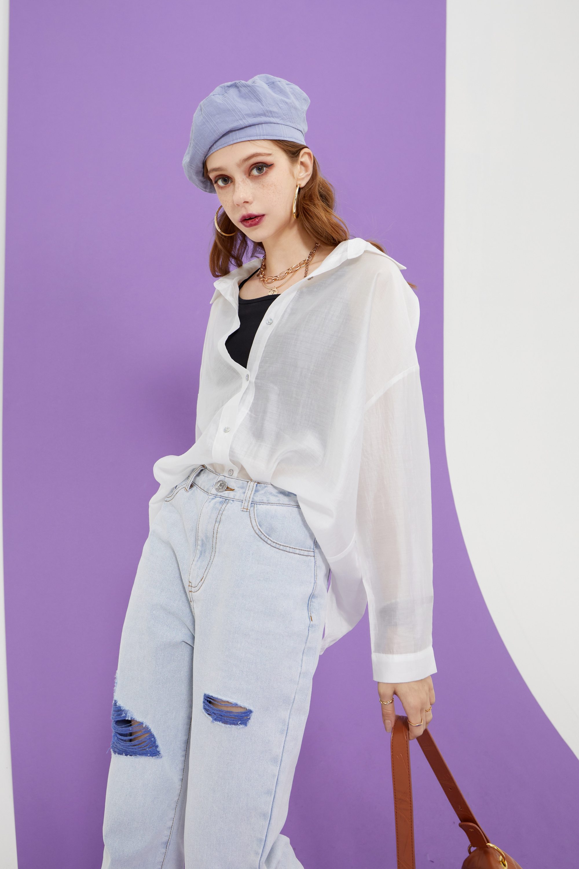 A stylish Solid Pure Chic Single Breasted Casual Minimalist Shirt for women, featuring a turn-down collar and full-length sleeves, perfect for summer wear.