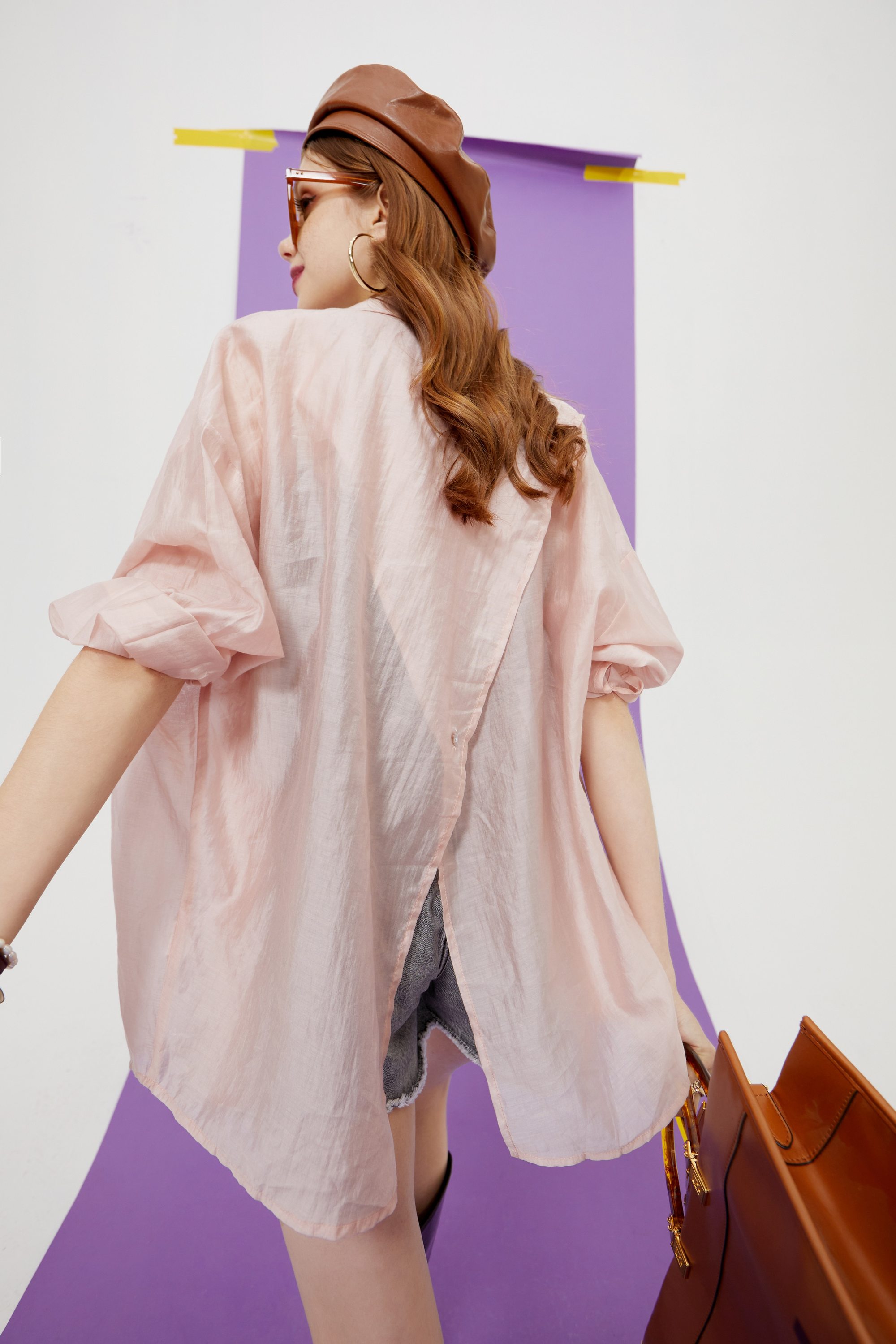 A stylish Solid Pure Chic Single Breasted Casual Minimalist Shirt for women, featuring a turn-down collar and full-length sleeves, perfect for summer wear.