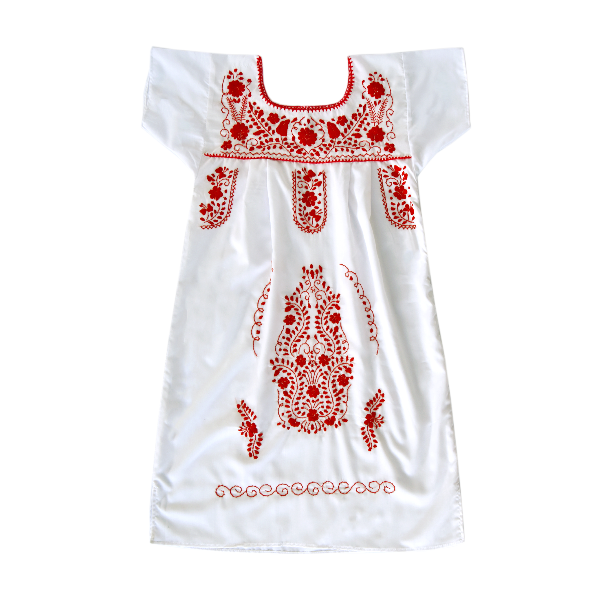 A beautiful Southwestern white dress adorned with vibrant red flowers, showcasing intricate hand embroidery, perfect for bohemian style.