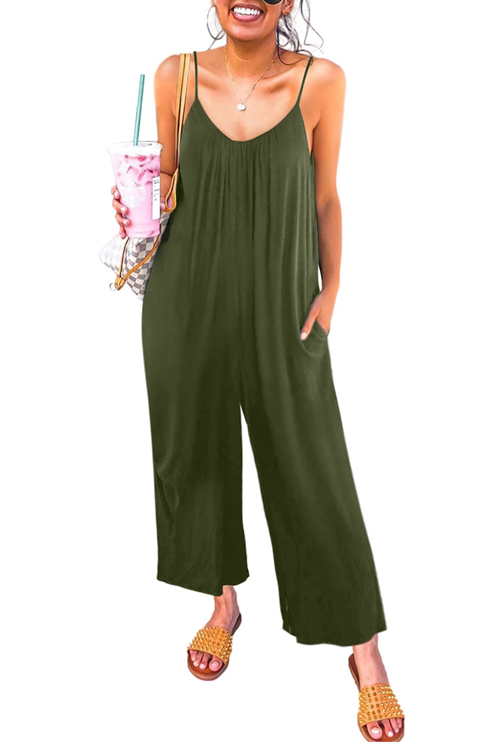 A stylish spaghetti straps wide leg jumpsuit with pockets, perfect for summer wear.