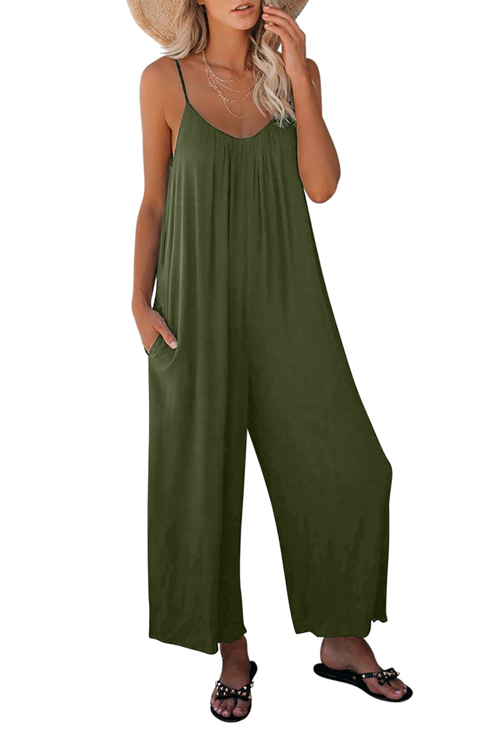 A stylish spaghetti straps wide leg jumpsuit with pockets, perfect for summer wear.