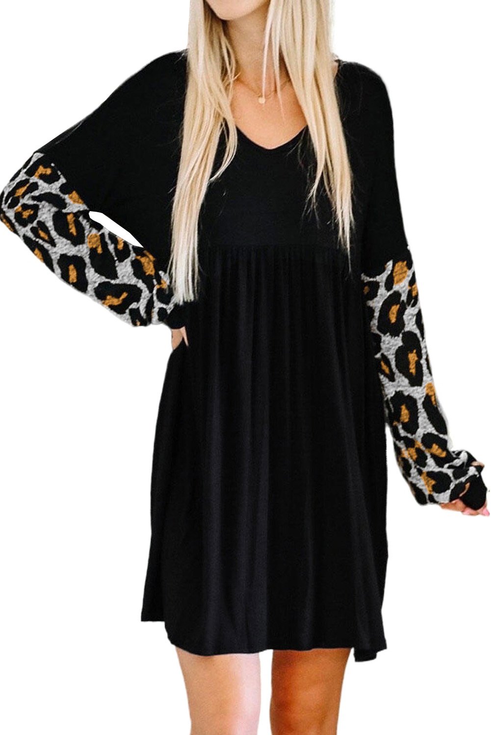 Splicing Ruffled V-neck Long Sleeve Mini Dress featuring a ruffled hemline and leopard splicing sleeves, perfect for stylish occasions.
