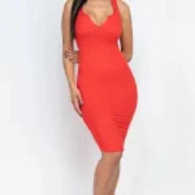 A stylish split neck tank mini bodycon dress in solid color, showcasing its sleeveless design and body-hugging fit.
