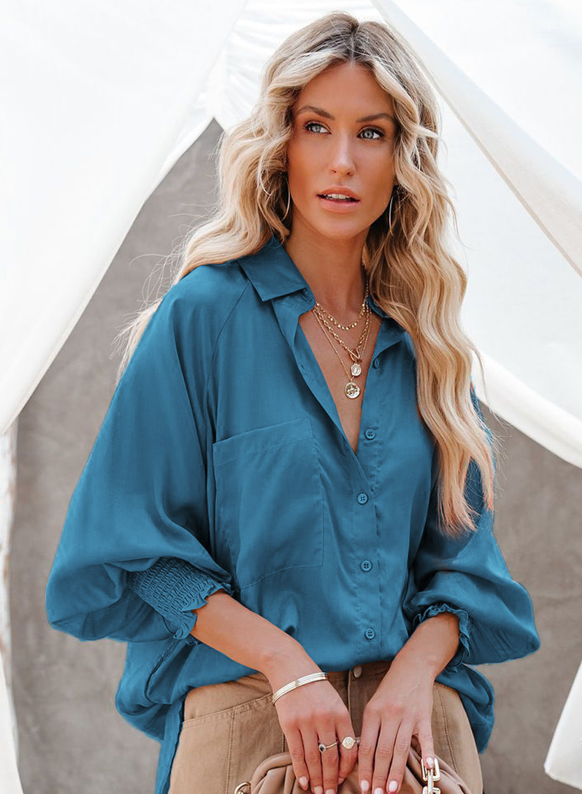 A stylish striped lapel shirt featuring long lantern sleeves, made from a cotton and polyester blend, perfect for casual wear in spring and autumn.