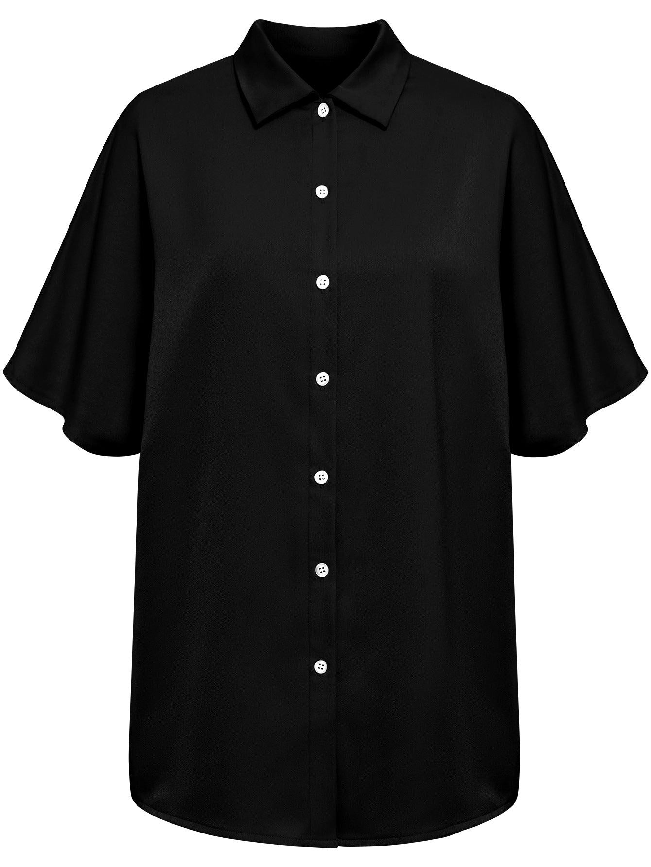 A stylish women's cardigan featuring a lapel collar, short sleeves, and a loose fit, available in black, rose red, and blue colors.