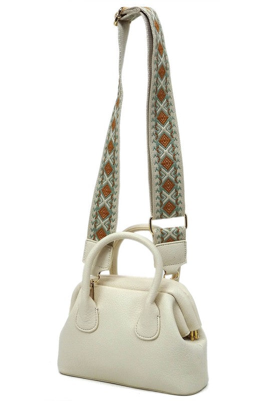 Spring Frame Doctors Satchel Crossbody Bag featuring a vintage design, faux vegan leather, and a detachable guitar strap.