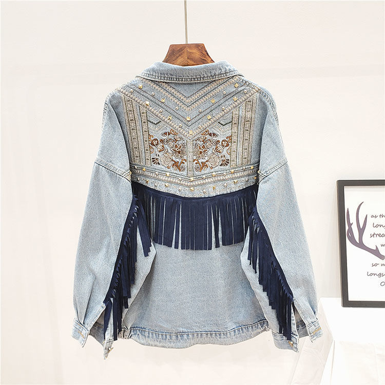 Spring Tassel Embroidered Denim Jacket featuring tassels and rivets, designed for women with a loose fit and square collar.