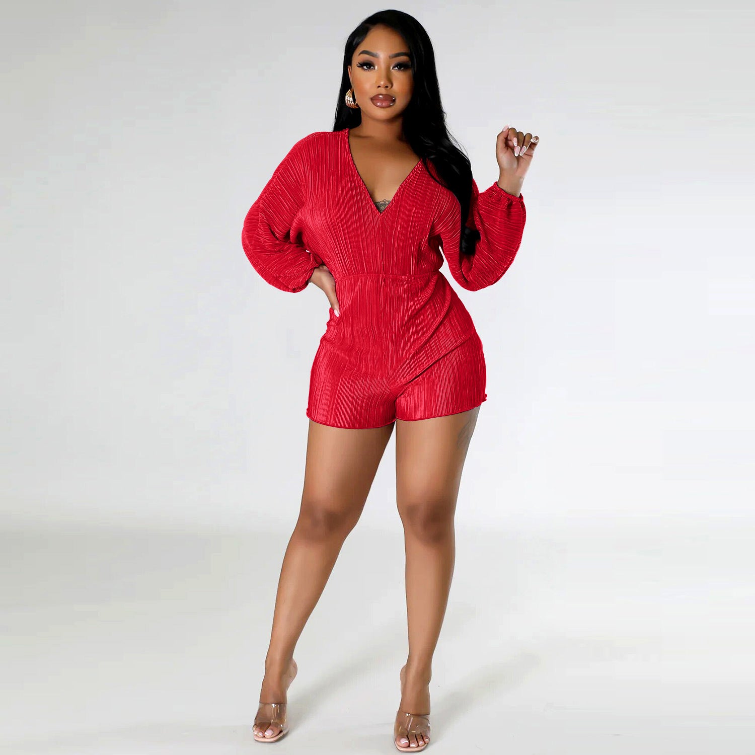 A stylish Spring Women Clothing Long Sleeve Jumpsuit featuring a V-neckline, long sleeves, and a trendy tie element, perfect for spring and fall.