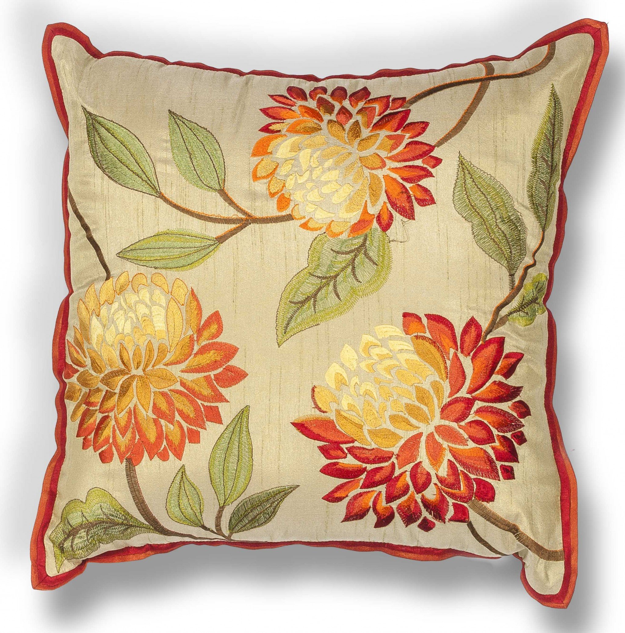 Square pillow featuring an embroidered red and orange chrysanthemum design on a tan background, with a solid beige back and red-orange trim.