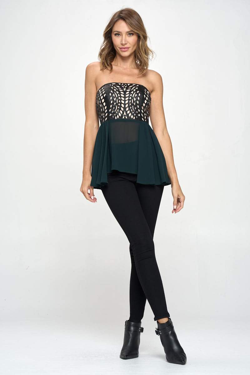 Strapless laser-cut chiffon peplum top for women, featuring a color block design and elegant silhouette.