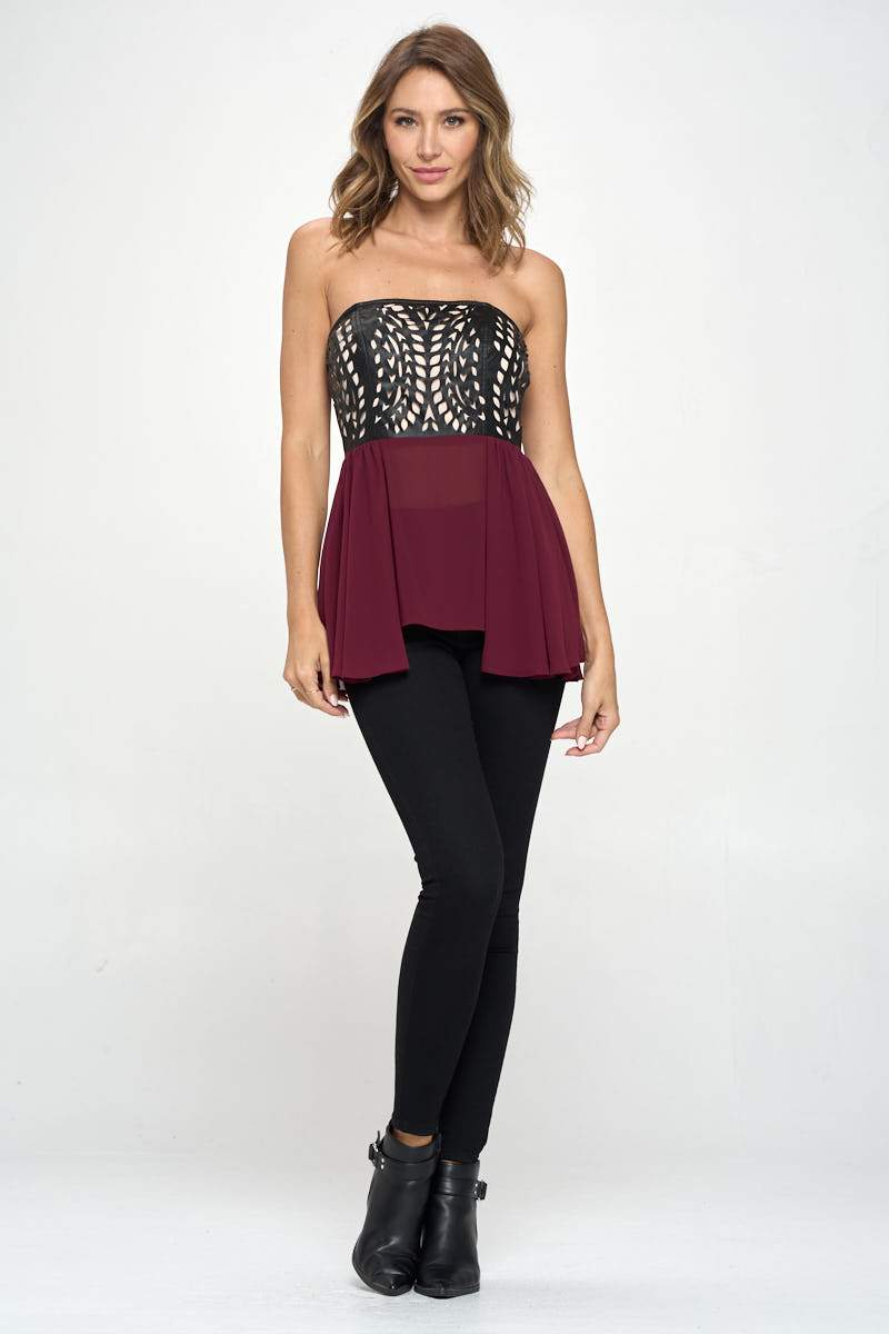 Strapless laser-cut chiffon peplum top for women, featuring a color block design and elegant silhouette.