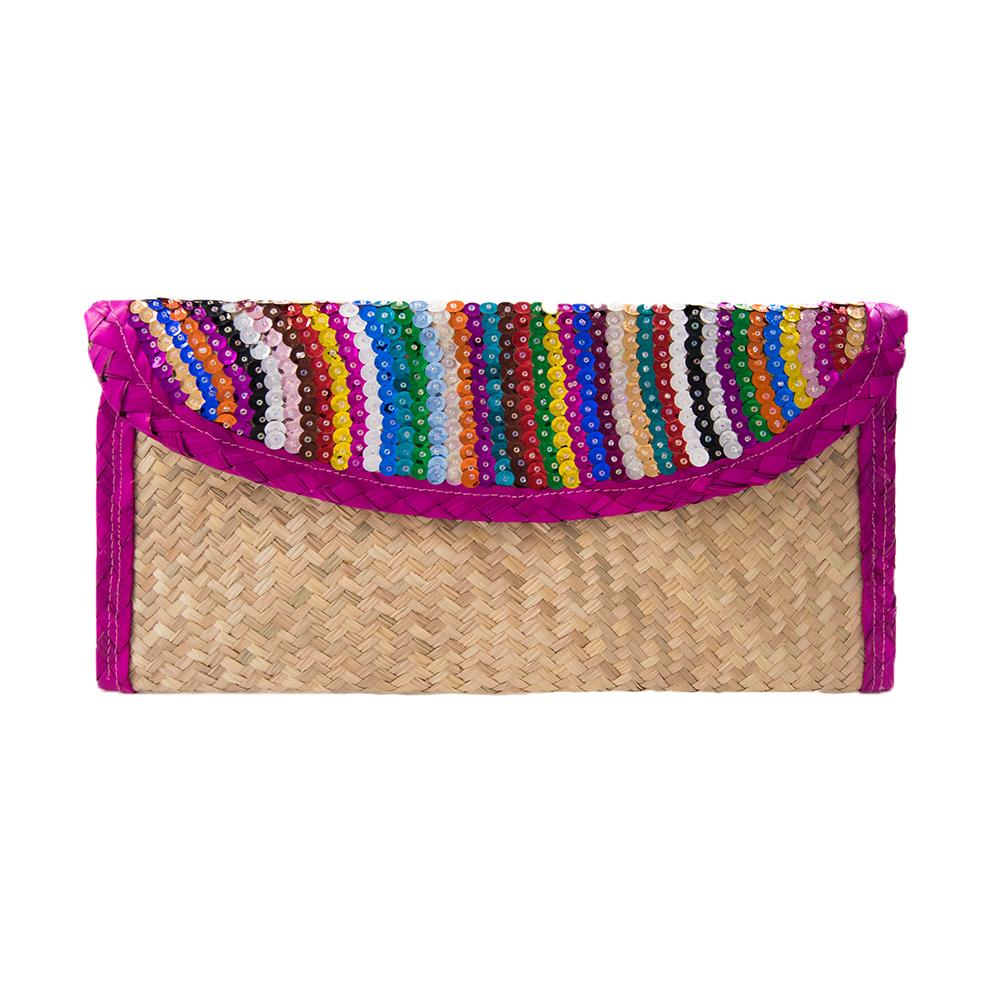 Handcrafted Straw Clutch Bag featuring vibrant sequin stripes and pink trim, made from natural palm leaves.