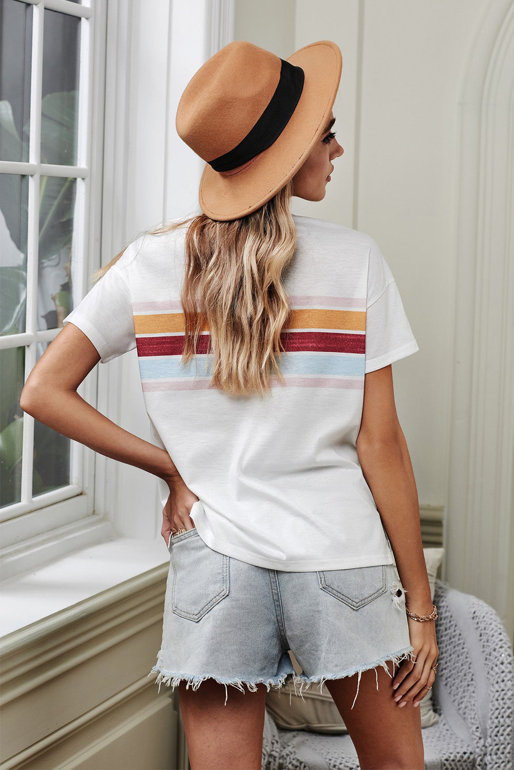Striped Dropped Shoulder Round Neck Tee in casual chic style, featuring a round neckline and dropped shoulder sleeves.