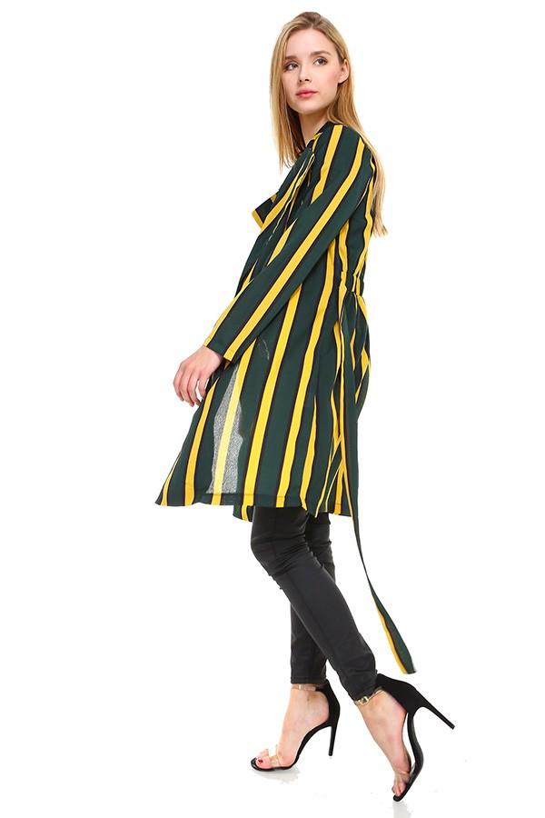 A stylish striped long sleeve belted jacket displayed on a mannequin, showcasing its elegant design and long line silhouette.