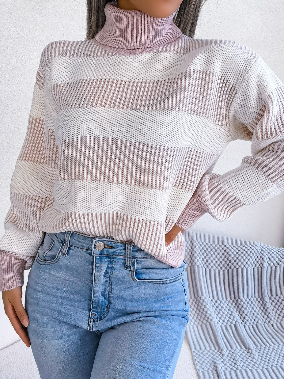 A cozy striped turtleneck long sleeve sweater in soft acrylic fabric, showcasing its stylish design and comfortable fit.