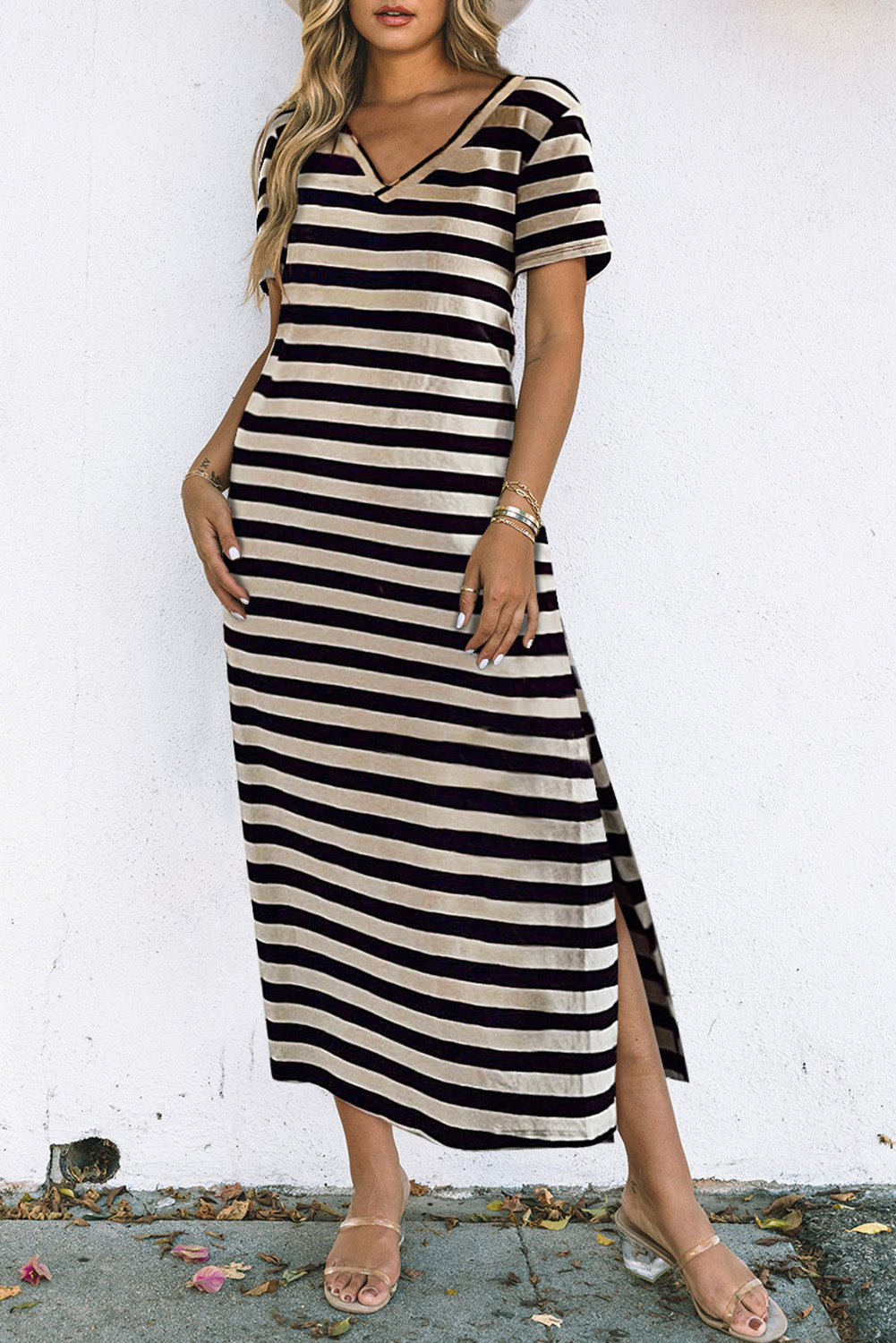 A stylish striped V-neck short sleeve dress with a side slit, perfect for casual outings.