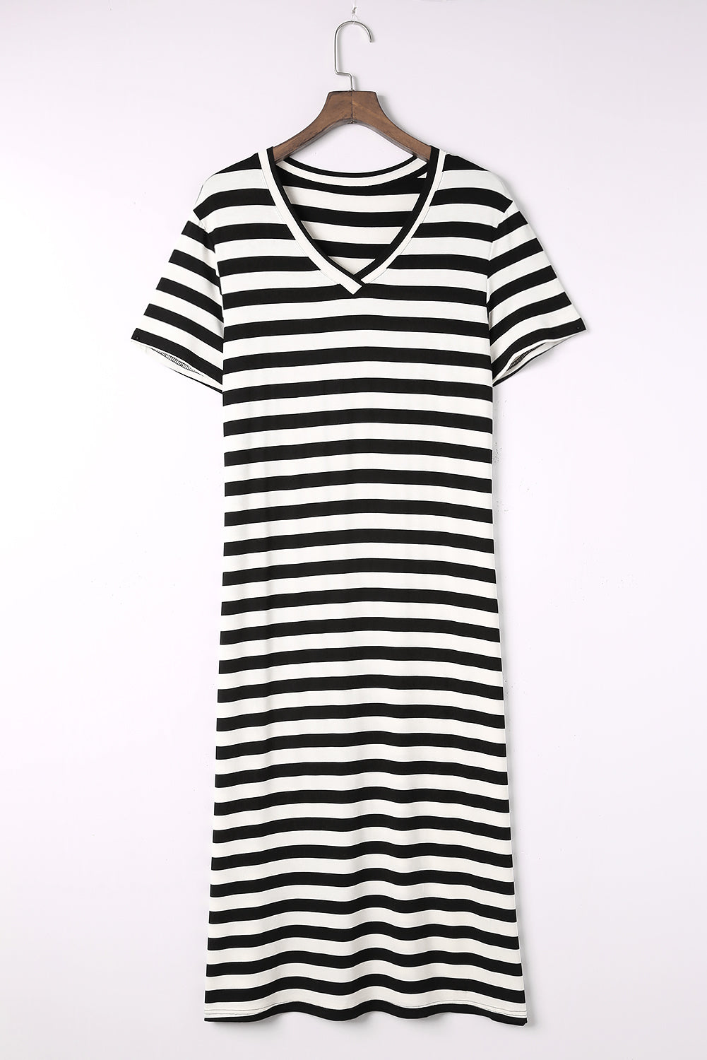 A stylish striped V-neck short sleeve dress with a side slit, perfect for casual outings.