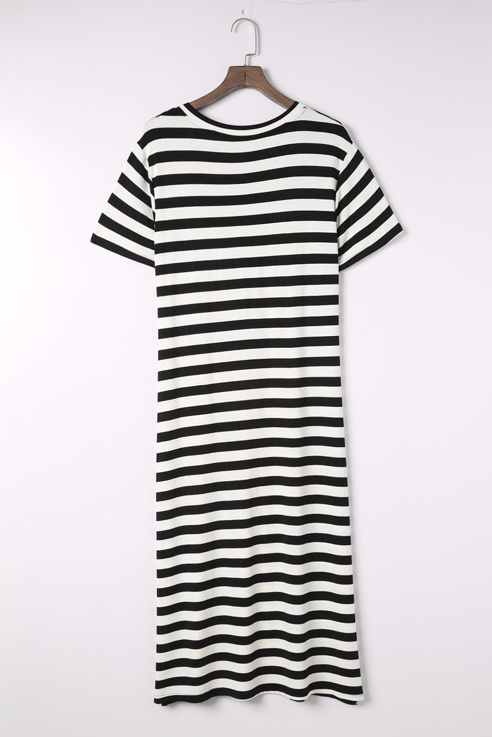 A stylish striped V-neck short sleeve dress with a side slit, perfect for casual outings.