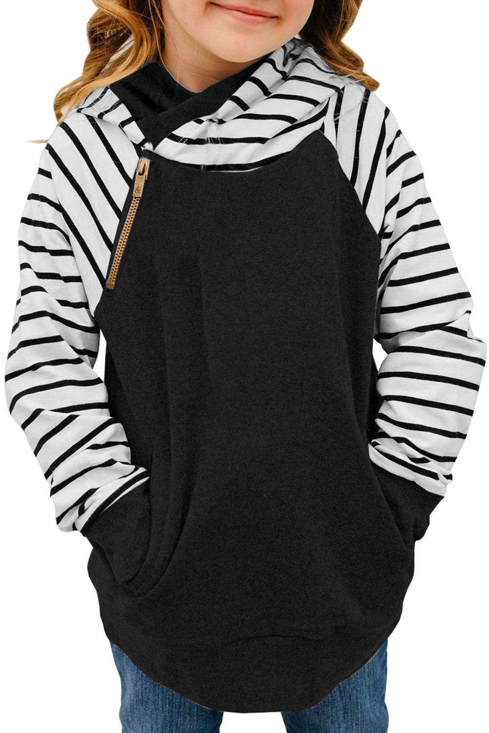 A stylish children's hoodie featuring stripes and a diagonal zipper, designed for comfort and warmth with a kangaroo pocket.