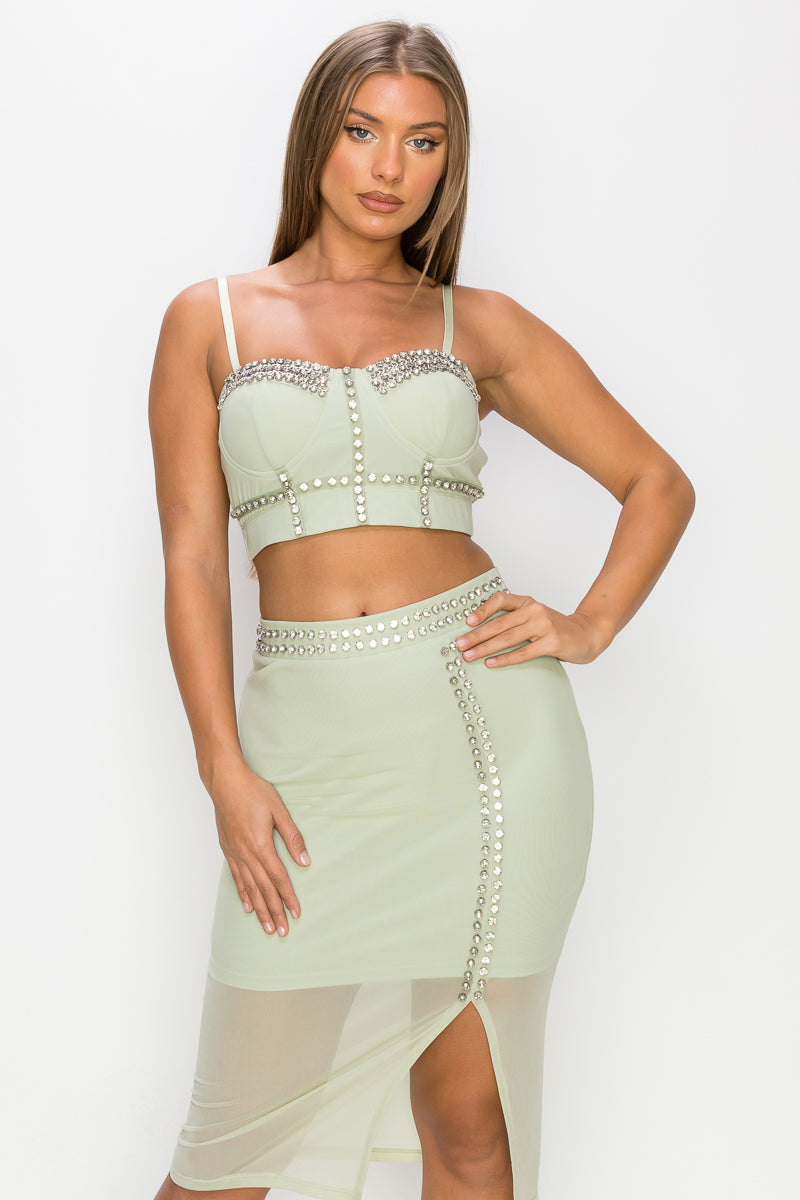 Stylish light sage studded stone cami top and slit mini skirt set, showcasing a sweetheart neckline and adjustable straps.