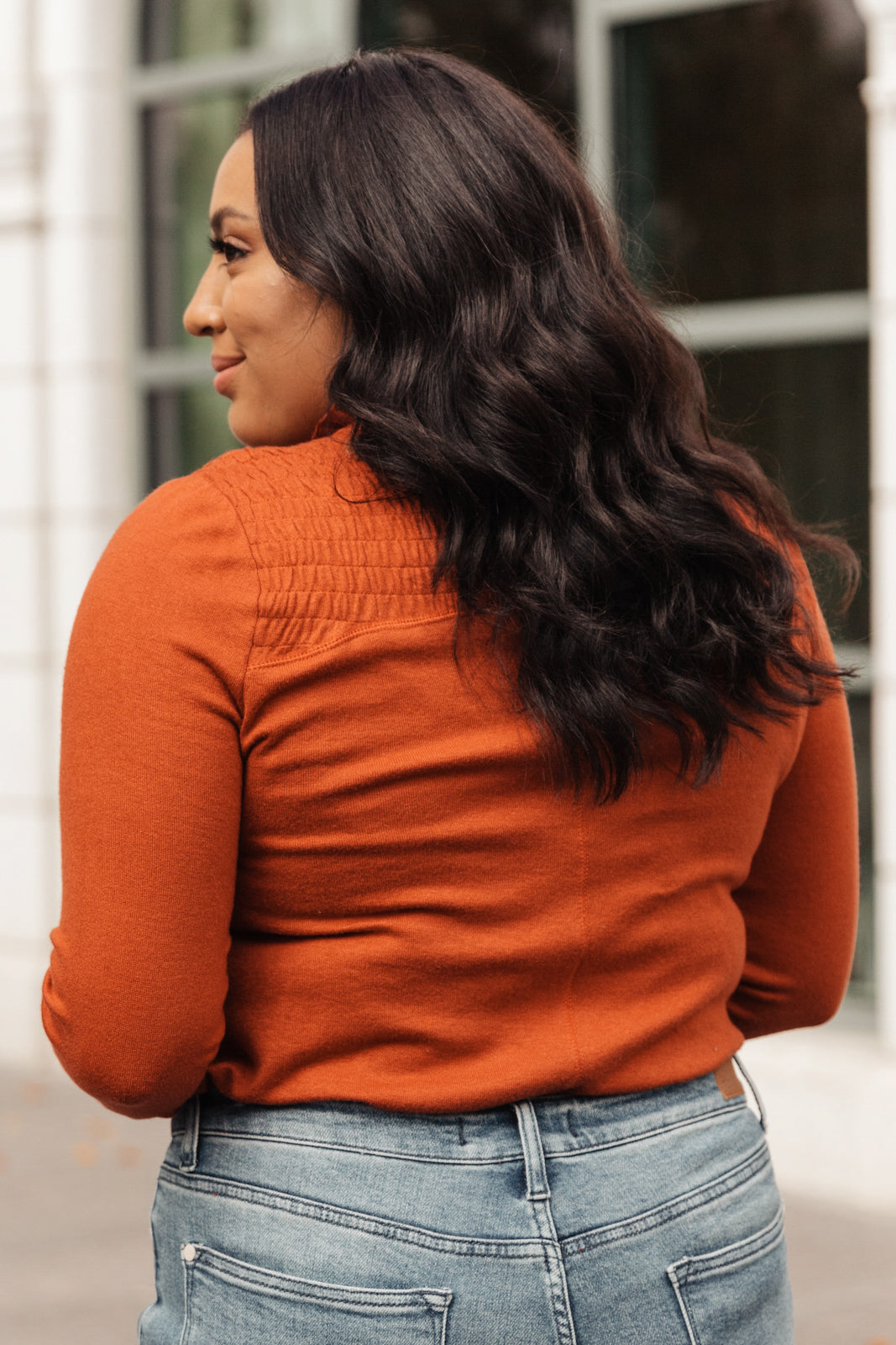 Stylin Girl Turtleneck in Rust featuring ruched neckline and fitted long sleeves, perfect for layering.