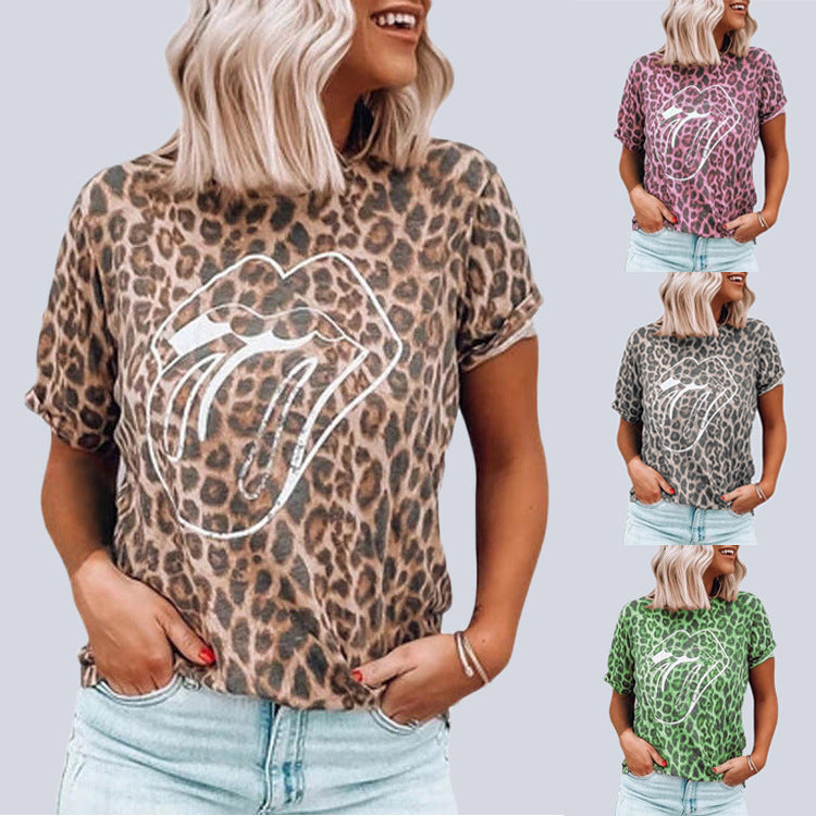 Summer Women's Leopard Lip Print T-Shirt featuring a round neck and short sleeves, designed for casual summer wear.