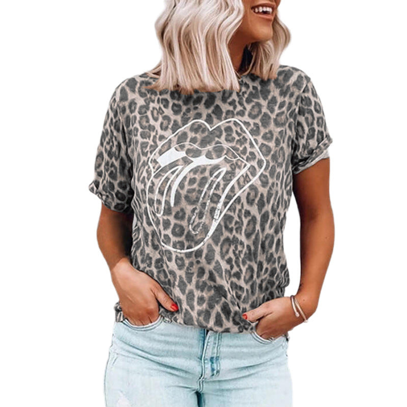 Summer Women's Leopard Lip Print T-Shirt featuring a round neck and short sleeves, designed for casual summer wear.