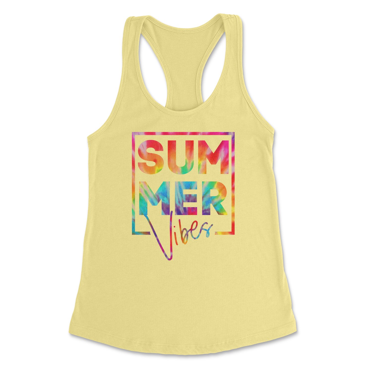 A stylish Summer Vibes Tank top featuring a racerback design, perfect for warm weather and casual outings.