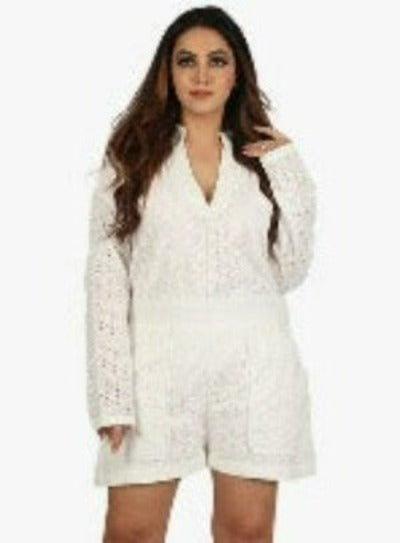 Summer Women's Two Piece Set featuring eyelet embroidery buttoned shirt top and shorts, perfect for warm weather.