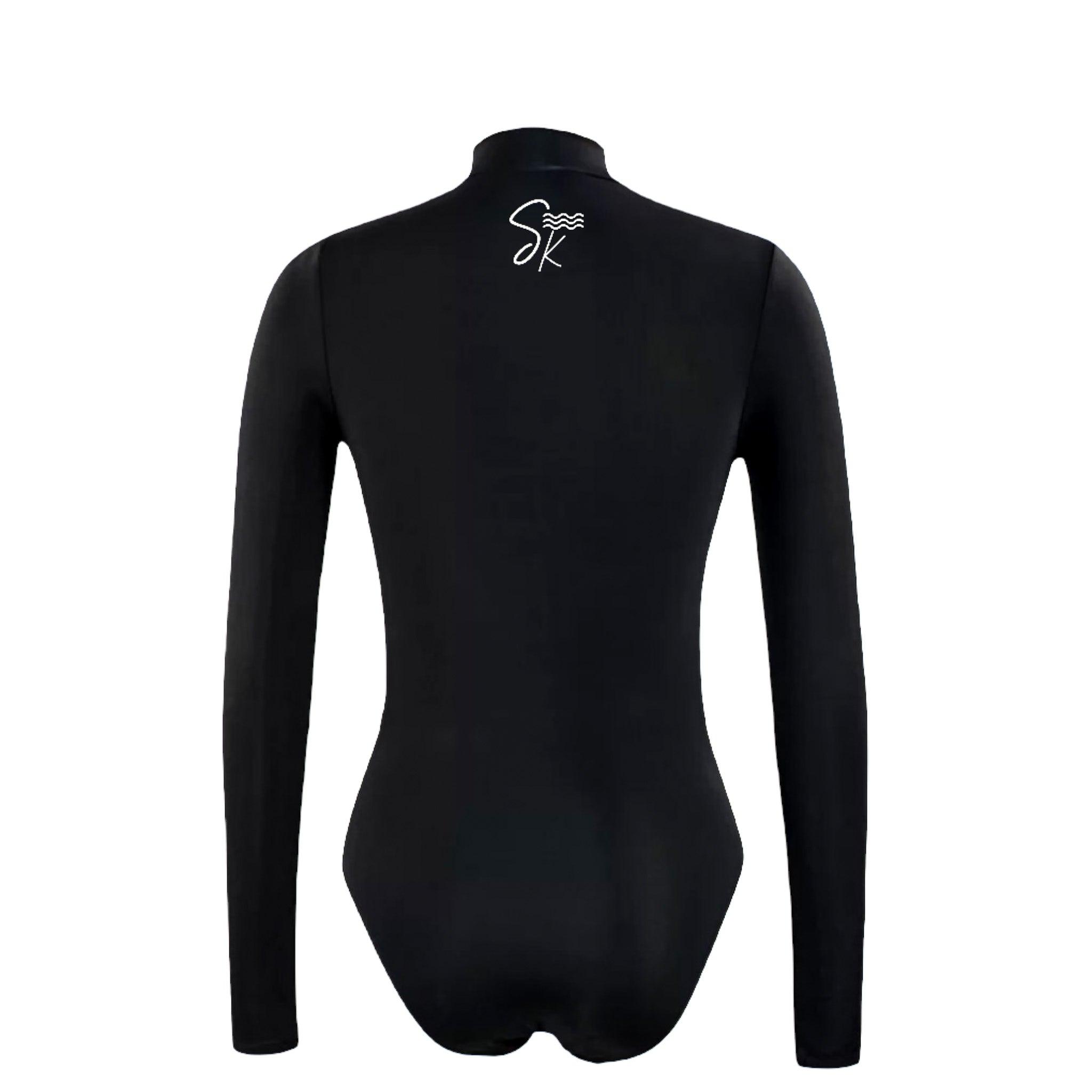 Sun Blocka one piece swimsuit featuring long sleeves and cheeky coverage, made from nylon and spandex for comfort and UV protection.