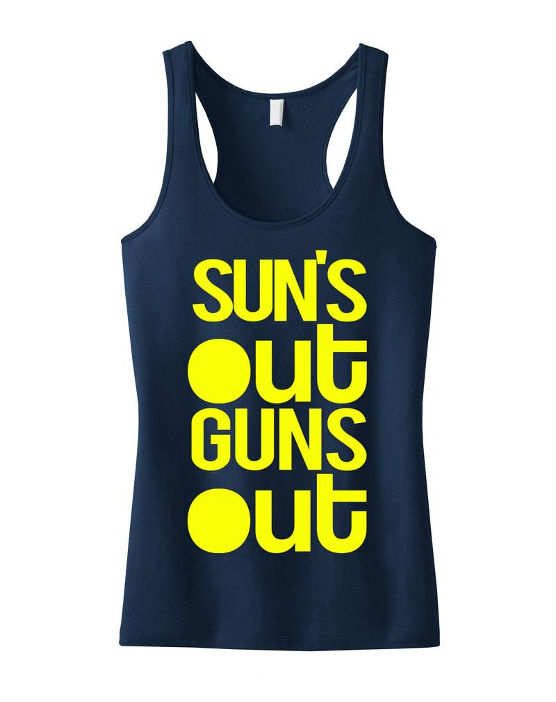 Navy SUN'S OUT GUNS OUT tank top with racerback design, showcasing motivational text for fitness enthusiasts.