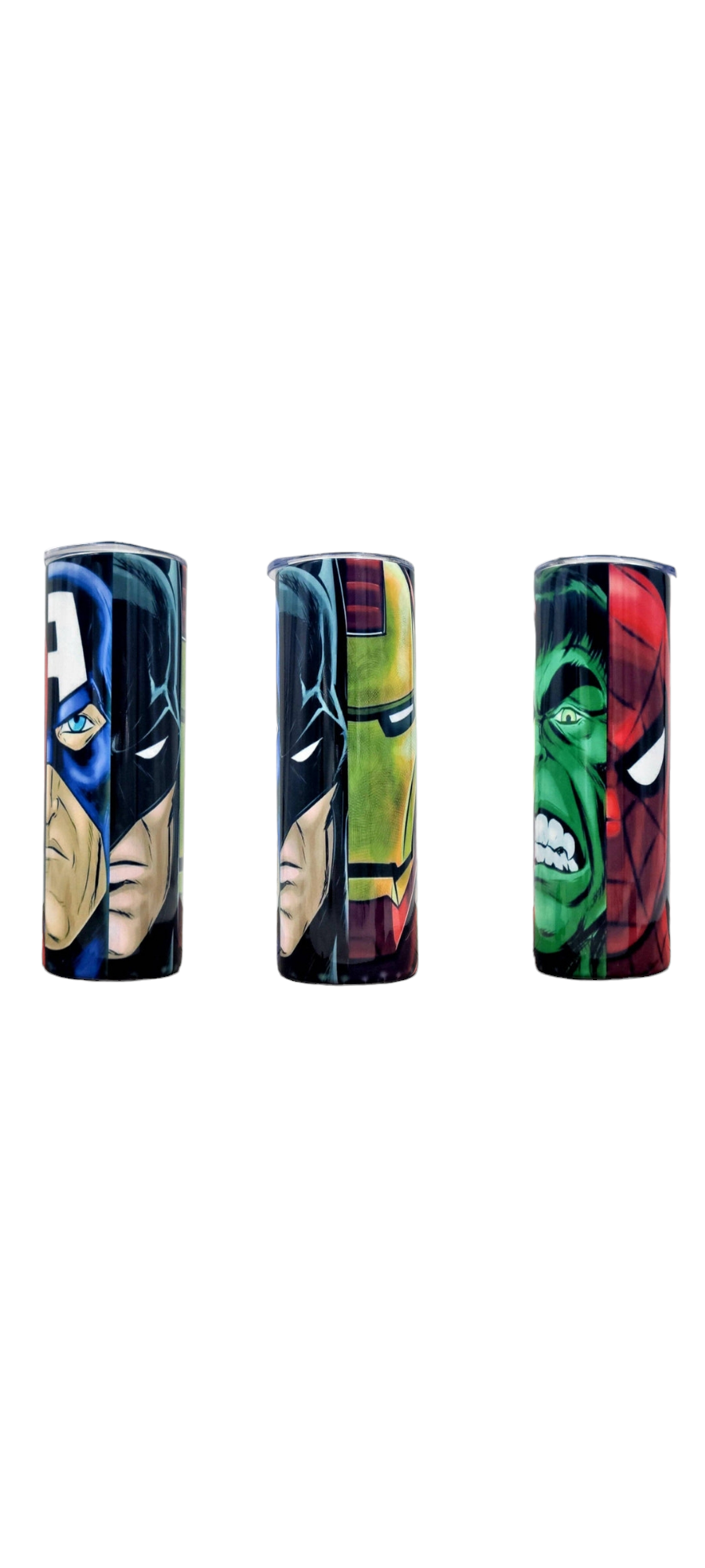 Super Hero Mash Up 20oz stainless steel tumbler with vibrant superhero design, insulated for hot and cold drinks.