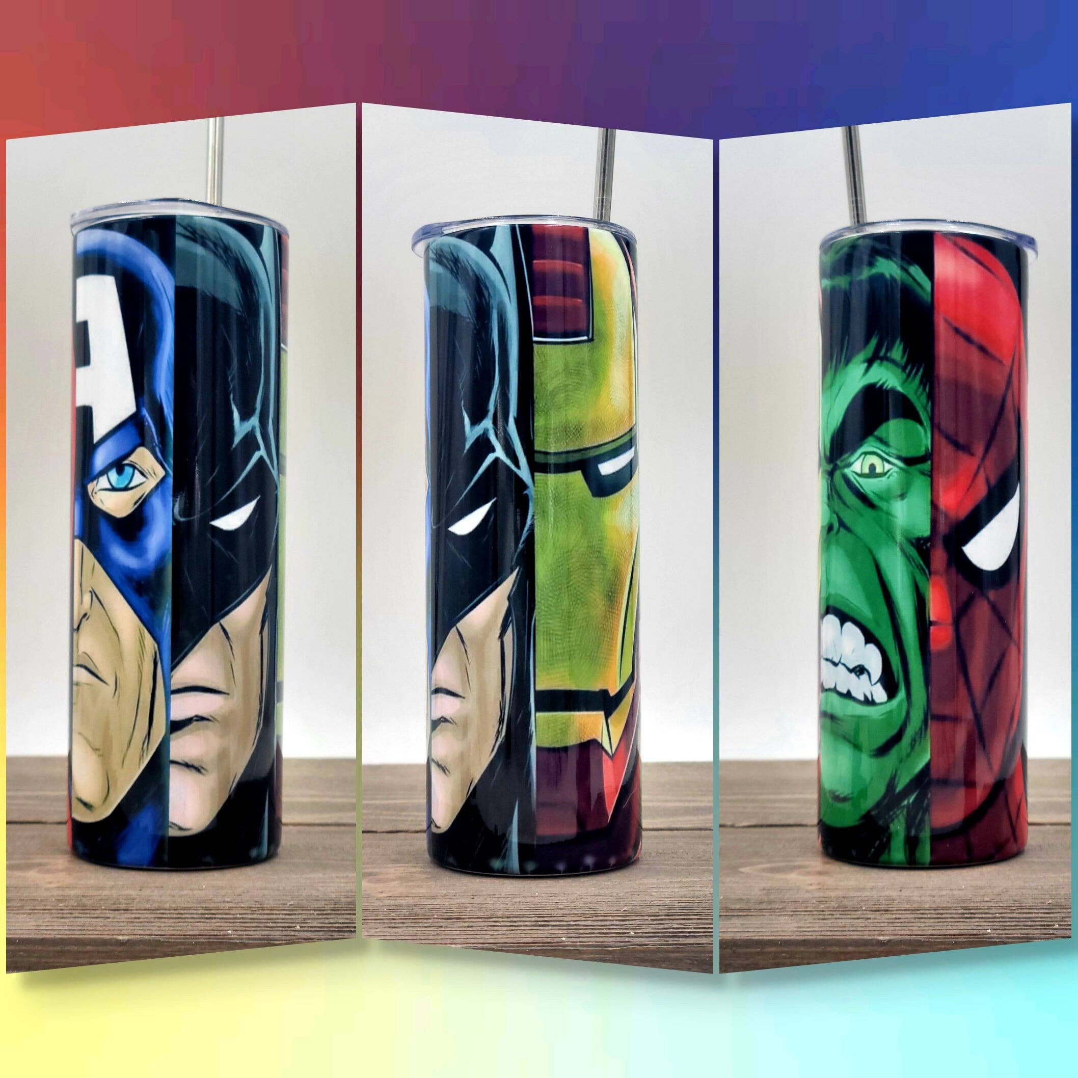 Super Hero Mash Up 20oz stainless steel tumbler with vibrant superhero design, insulated for hot and cold drinks.
