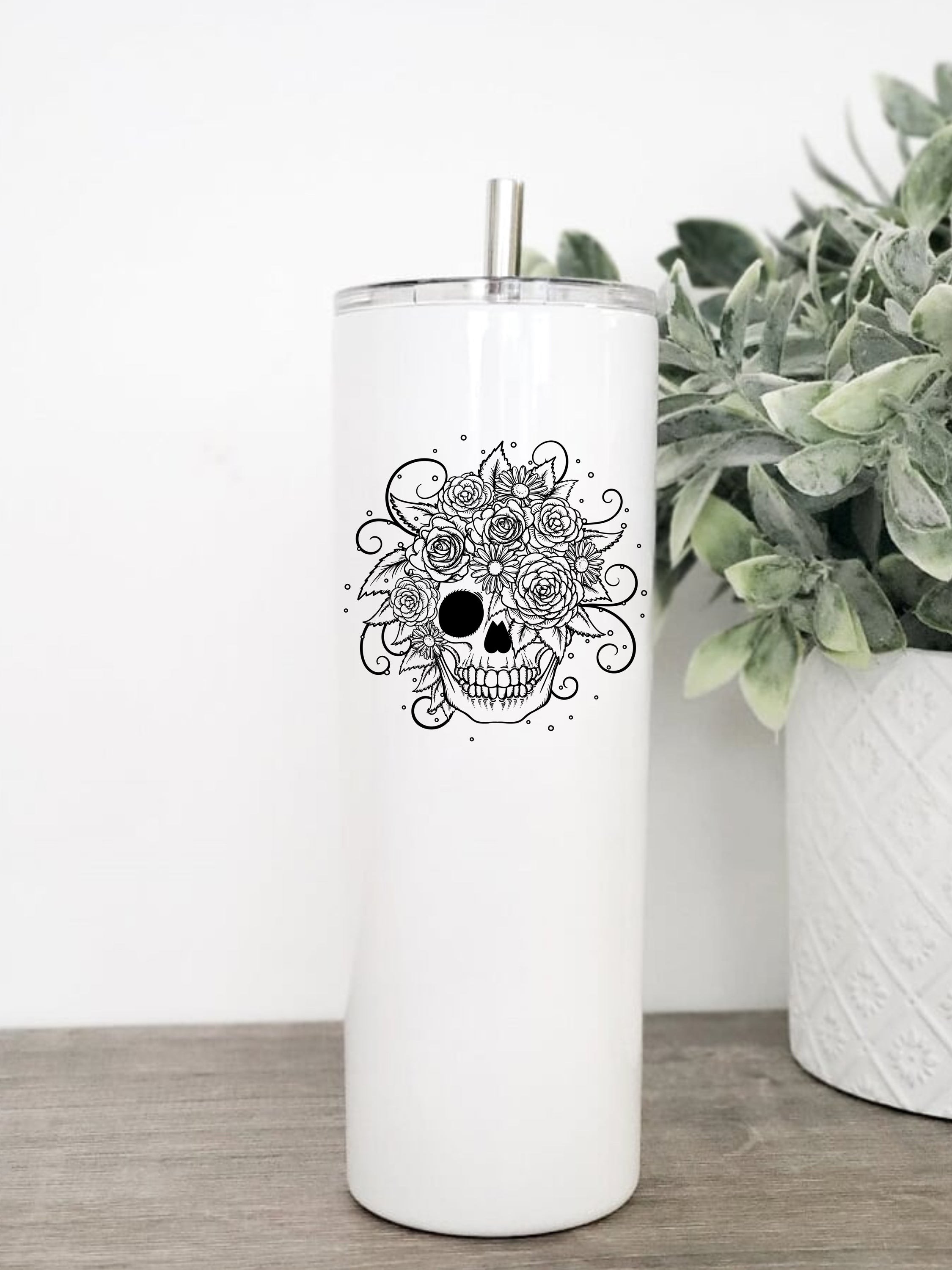 Sweary Tumbler featuring a Floral Sketch Skull design, available in 20 oz and 30 oz sizes, with a clear slider lid and stainless steel straw.