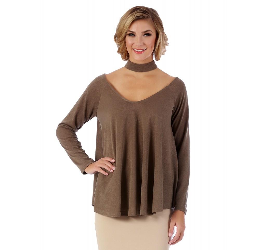 Soft and silky sweater featuring a V-neckline and mock choker, designed with long sleeves and a flared hem for comfort and style.