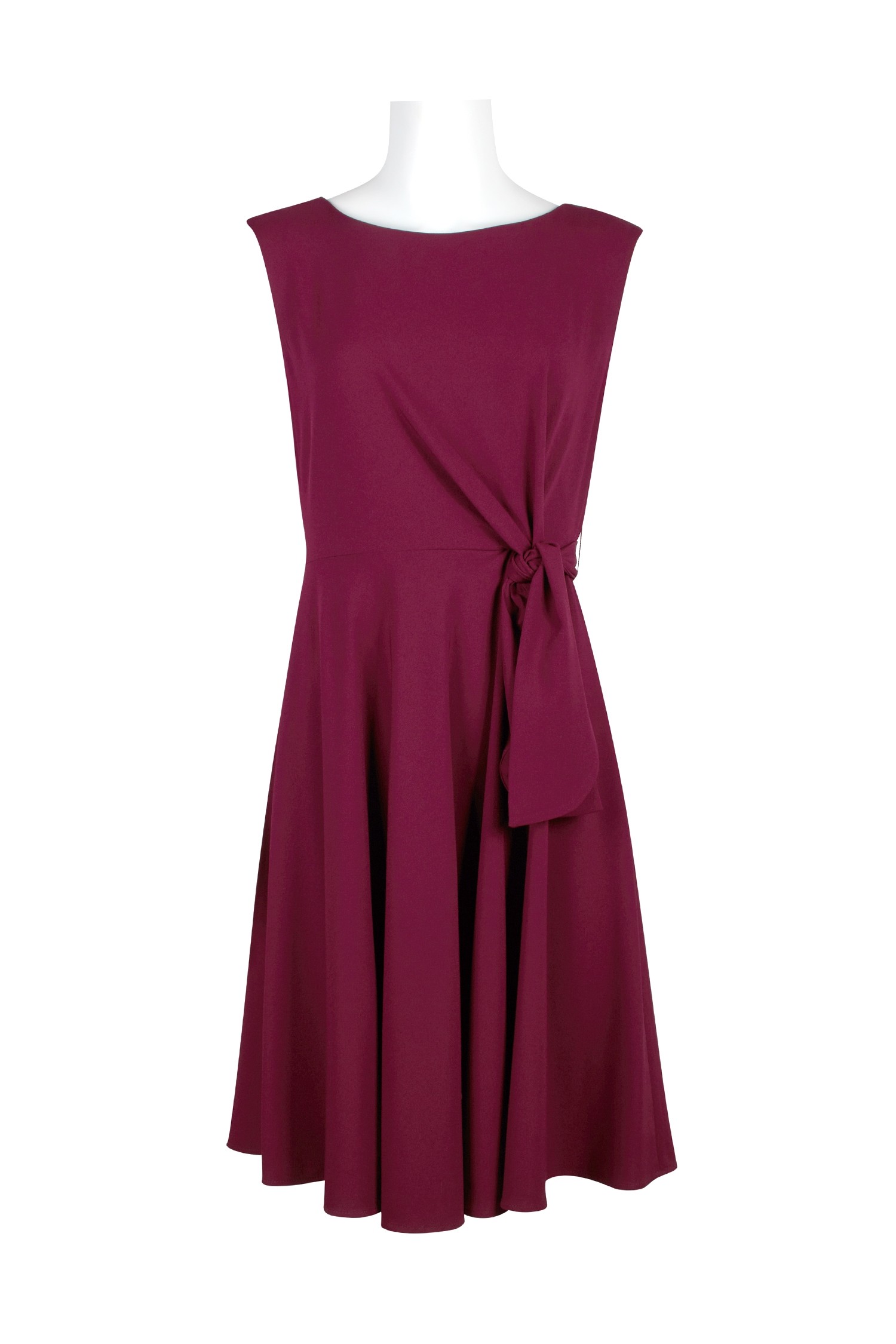 Sleeveless maroon dress with bow.