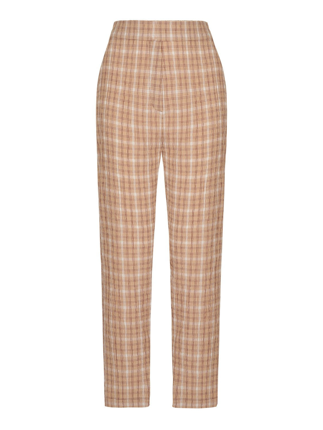 Tapered Fit Plaid Pants featuring a high waist and elastic waistband, styled with side pockets, perfect for summer wear.
