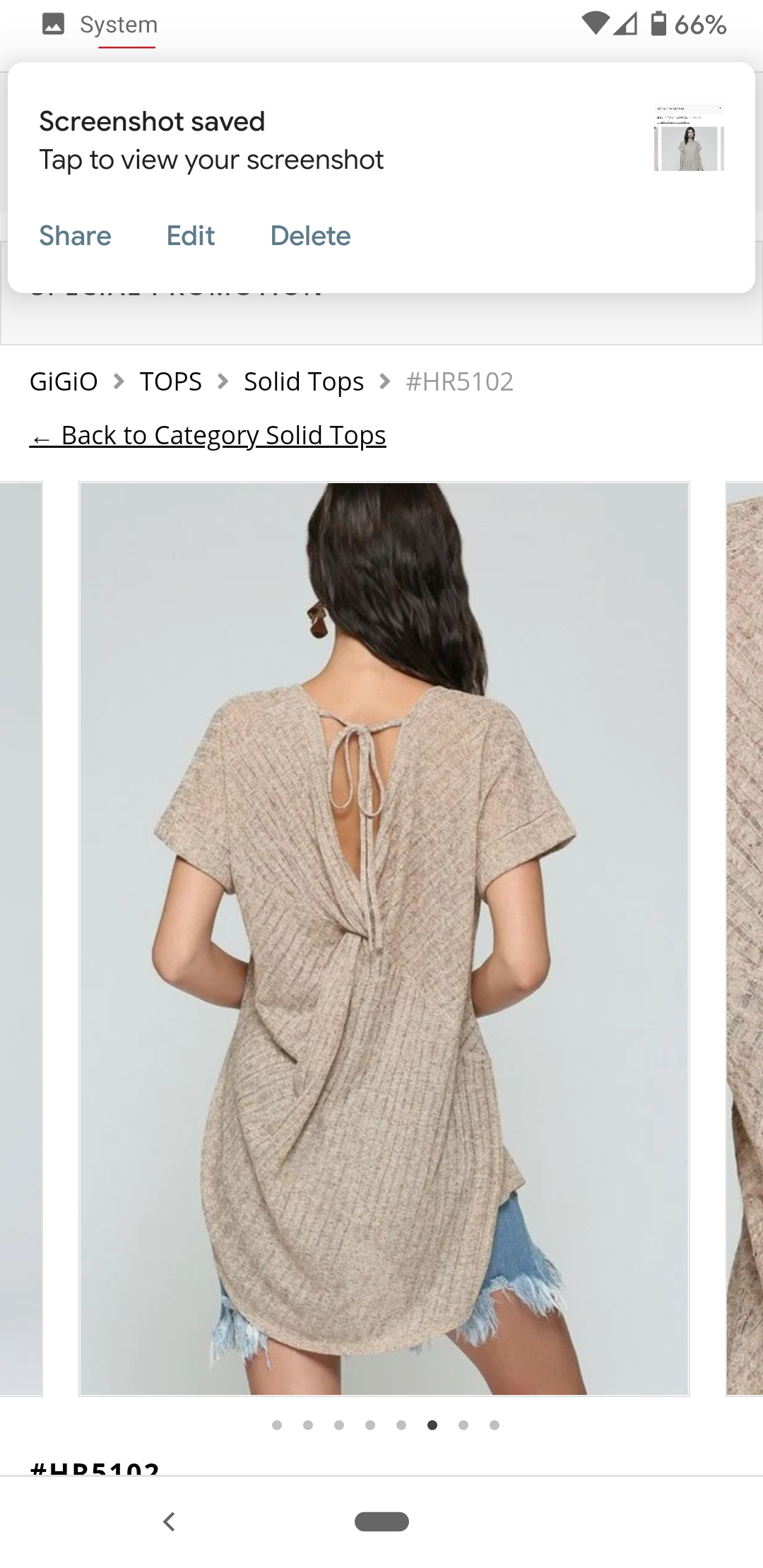 Taupe short sleeve tunic top featuring a stylish back twist detail and high/lo hem, perfect for spring and summer wear.
