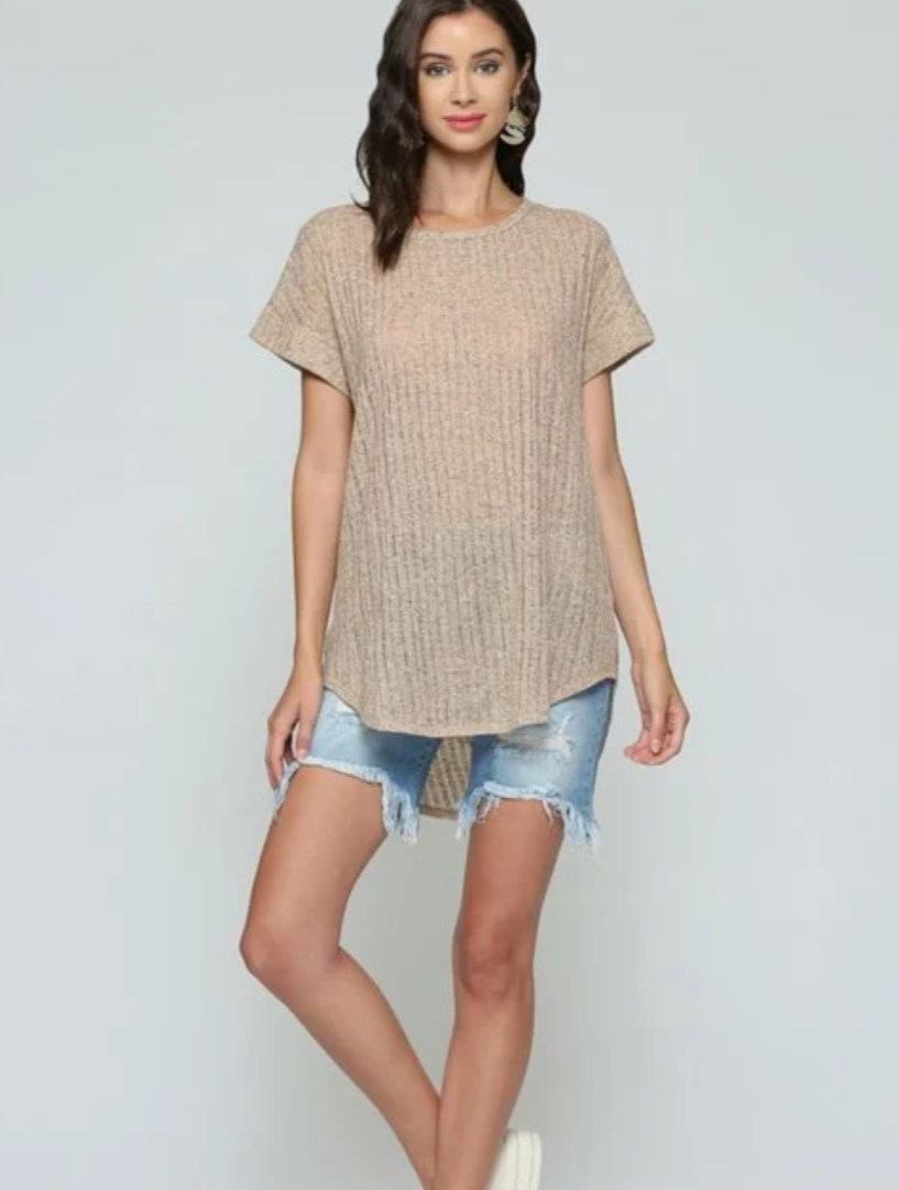 Taupe short sleeve tunic top featuring a stylish back twist detail and high/lo hem, perfect for spring and summer wear.