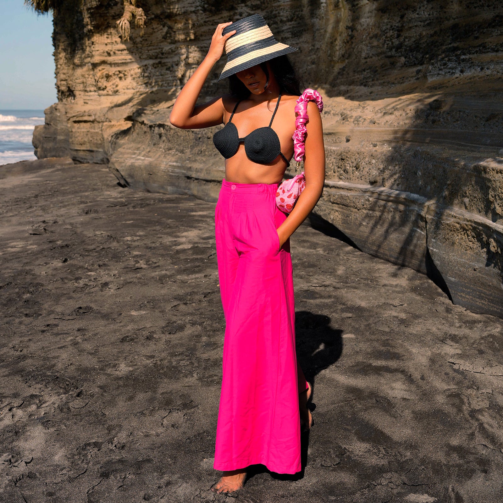 TAYLOR Wide-leg Palazzo Pants in vibrant hot pink, showcasing a high-rise waist and wide-leg silhouette, perfect for summer styling.