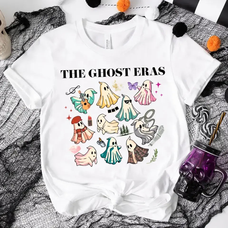 Taylor's Ghost Eras T-shirt featuring a stylish design, made from 100% Ringspun Cotton, suitable for both men and women.