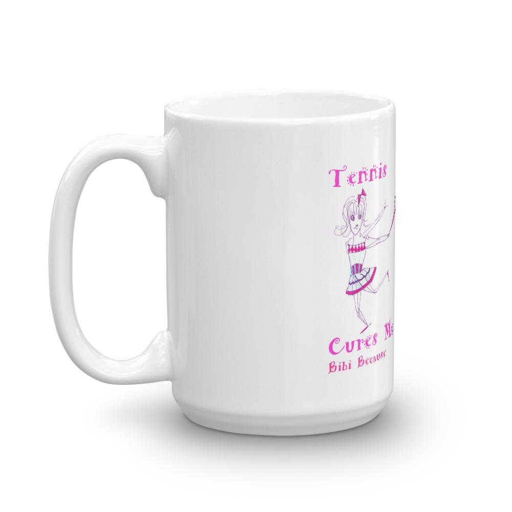 A glossy white ceramic mug with the phrase 'Tennis Cures Me' printed in vibrant colors, perfect for coffee or tea.