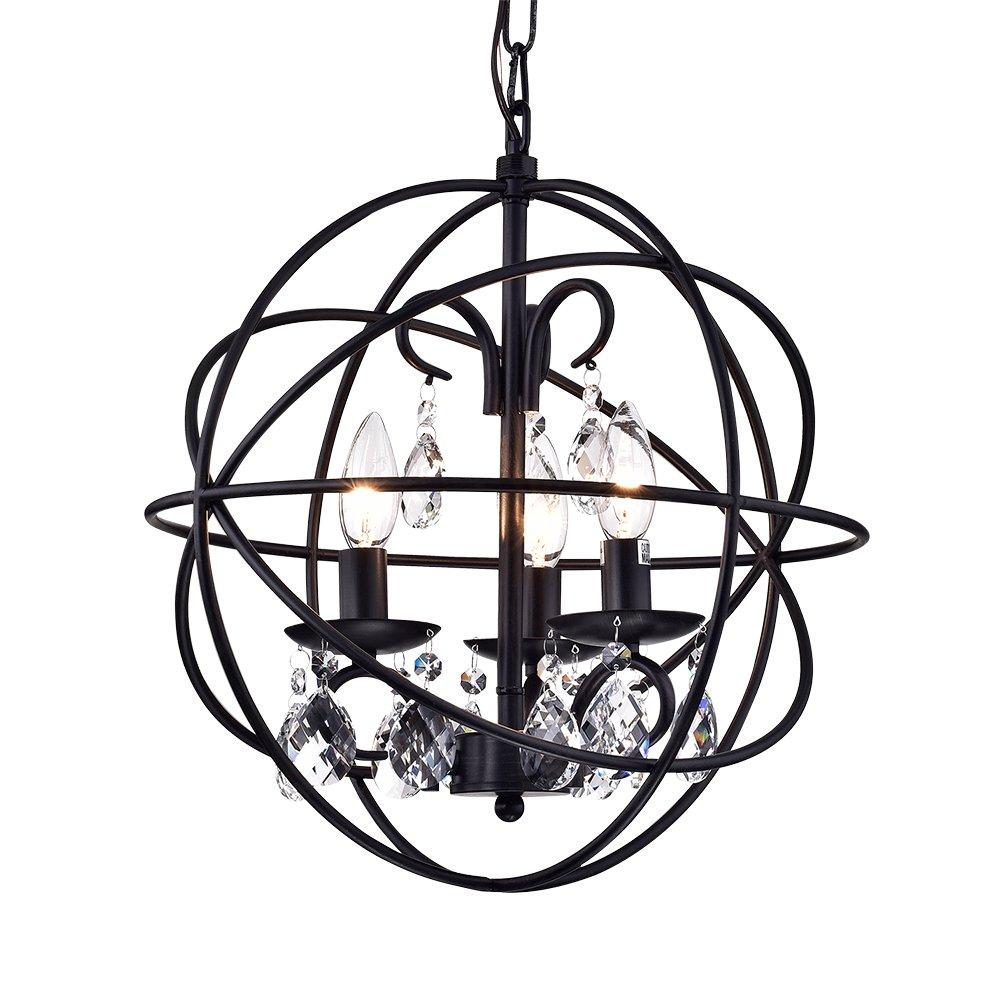 Tess Black-finish Metal/Crystal 15-inch Round Chandelier with dangling crystals, showcasing elegant design and polished finish.